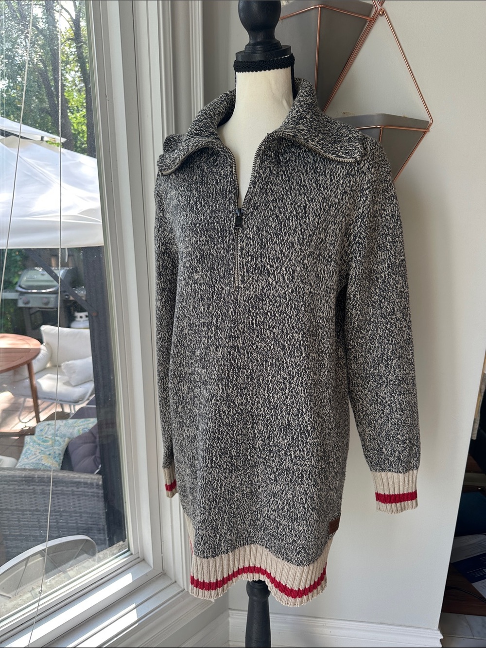 ROOTS CABIN Cozy Half-Zip Tunic Long Sweater Dress Gray White Funnel Neck Large